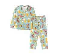 WBQLSL Conjunto de pijama de manga larga con estampado de cangrejo de río y cerveza, ropa de descanso simple y cómoda, Negro, XL-3XL