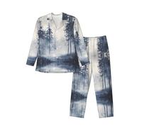 WBQLSL Conjunto de pijama para hombre con estampado de bosque en la niebla, ropa de descanso de manga larga, cintura elástica, prácticos bolsillos laterales, Negro, XX-Large