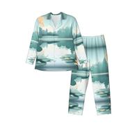 WBQLSL Conjunto de pijama para hombre con estampado de hojas caídas en un lago tranquilo, ropa de descanso de manga larga, cintura elástica, prácticos bolsillos laterales, Negro, XXL