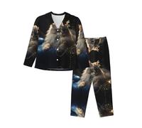 WBQLSL Conjunto de pijama para mujer con diseño de gato de la fortuna de otoño/invierno, transpirable y suave, ropa de descanso cálida de manga larga, Negro, S