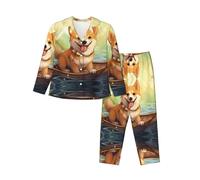 WBQLSL Conjunto de pijama para mujer con divertidos patrones Shiba Inu, transpirable y suave, de manga larga, cálido, Negro, L