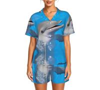 WBQLSL Dolphin with a Smile - Conjunto de pijama de manga corta para mujer, con cuello y botones y cintura elástica, Negro, S-6XL