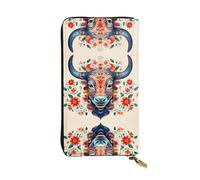WBQLSL Elegante cartera de cuero con diseño de cabeza de vaca y flores, monedero de 7.4 x 4.13 pulgadas de largo con cremallera, práctica cartera de viaje para dinero en efectivo