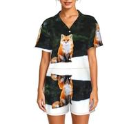 WBQLSL Funny Fox - Conjunto de pijama de manga corta para mujer, con cuello y botón y cintura elástica, Negro, 4XL-6XL
