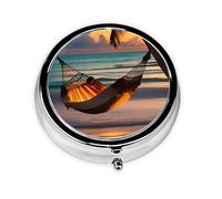 WBQLSL Mini pastillero redondo, 3 particiones, pastillero portátil, se puede poner en la cartera, bolsillo, ligero y práctico patrón de hamaca de playa y puesta de sol