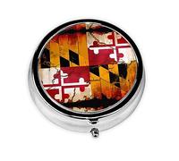 WBQLSL Pastillero redondo, 3 particiones, pastillero portátil, se puede poner en la cartera, bolsillo, ligero y práctico, patrón de bandera de Maryland de madera vintage