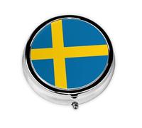 WBQLSL Pastillero redondo, 3 particiones, pastillero portátil, se puede poner en la cartera, bolsillo, ligero y práctico patrón de bandera sueca