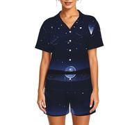WBQLSL Serene Blue Night View - Conjunto de pijama de manga corta para mujer, con cuello y botones y cintura elástica, Negro, 3XL-6XL