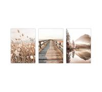 WBYZAC Arte Mural,Cuadro Mural de Paisaje Natural Beige Con Puente Lago y Montaña Pintura Sobre Lienzo Póster de Hierba de Junco Decoración Nórdica para Sala de Estar-(50 * 70cm)-3pcs（sin marco）
