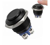Wcawnlt Pulsador de 16 mm, interruptor momentáneo, color negro, metal, 12 V, 220 V, 1 A, IP20, para coche, barco, timbre con terminales de rosca, 1 pieza redonda de metal para proyectos de bricolaje y