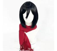 WCCNKK Cosplay Anime Peluca De Mikasa Ackerman, Pelo Corto Negro con Pañuelo, Material Resistente Al Calor, con Capucha, para Fiestas De Halloween Y Convenciones De Anime, Anime Regalo