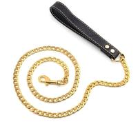 WCDFTASL Juego de Collar y Correa for Perro Golden Cuban Link, Correa for Mascotas de Acero Inoxidable con Mango de Cuero PU(Gold Length)