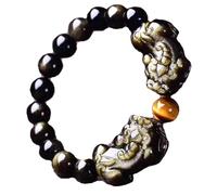 WCOCOW Feng Shui - Pulsera de oro natural de obsidiana doble Pixiu Pi Yao, pulsera elástica de cuentas para prosperidad, dinero, buena suerte, unisex, 14 mm