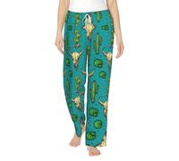 WCXTHGFA Bonito pantalón de pijama de franela con estampado de cactus y calavera de toro para mujer, pijama de forro polar suave y cálido, perfecto para fines de semana perezosos en casa, Negro, S