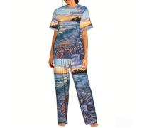 WCXTHGFA Hermoso conjunto de pijama de moda con estampado de amanecer para mujer, conjunto de pijama suave, perfecto para ropa de descanso y ropa de dormir, Negro, M