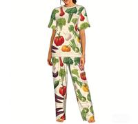 WCXTHGFA Introducción de varios pijamas de moda con estampado de verduras para mujer, conjuntos de pijamas suaves, perfectos para ropa de descanso y ropa de dormir, Negro, XXL