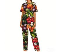 WCXTHGFA Introducción de varios pijamas de moda con estampado de verduras para mujer, conjuntos de pijamas suaves, perfectos para ropa de descanso y ropa de dormir, Negro, XXL