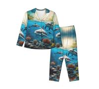 WCXTHGFA Pijama de Navidad con estampado de delfines, tortuga marina, tiburón, pulpo, coral, acogedor, conjuntos de ropa de descanso a juego, para vacaciones y reuniones familiares, Negro, M