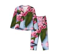 WCXTHGFA Pijama de Navidad con estampado de flores de cerezo rojas, conjunto de ropa de descanso a juego, para vacaciones y reuniones familiares, Negro, L