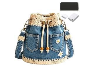 Wcybym Bolso Denim Bordado De Estilo Retro Boho Con Ribete De Ganchillo