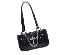 Wdbild Bolsa de hombro única de aleación punk decorada con cadena de aleación de piel sintética, adecuada para viajes diarios y reuniones, elegante hombro gótico, Black, One Size