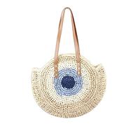 Wdbild Bolsa de mano tejida a mano con cremallera, bolsa redonda de hombro, bolsa de playa de paja de gran capacidad para pasear por la calle, White