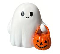 Wdbild Estatua de resina de cubo de calabaza con diseño de fantasmal, luz nocturna LED, decoración de Halloween para festivales de interior, adorno fantasmal brillante