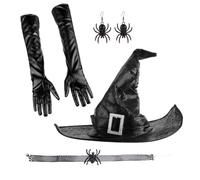 Wdbild Juego de sombrero de bruja, gorro de bruja, guantes, aretes, gargantilla, sombreros de fiesta, sombreros de mago fruncidos, unisex, conjunto de disfraz de bruja para cosplay