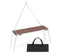 Wdbild Mesa de camping al aire libre de acero inoxidable de madera de haya plegable, estante familiar pequeño en forma de A con soporte para colgar