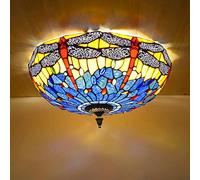 WDBZTJ Lámpara de Techo Libélula, Plafón Techo LED con Pantalla De Vitrales Tiffany, Lámpara Colgante de Estilo Retro Moderno Regulable Para Sala De Estar, Dormitorio, Pasillo,Azul,40cm