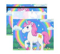 WDdZzyy Carpeta de dibujos animados de unicornios arcoíris blancos con cremallera, bolsillo de 3 anillos para cartas de papel A4, paquete de 2 para profesores de vuelta a la escuela