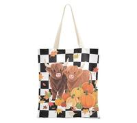 WDdZzyy Hello Fall - Bolsa de lona mediana para mujer, con bolsillos y asas, reutilizable, diseño de calabaza, color negro, con estampado de vaca y calabaza, regalos de Navidad a granel