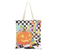 WDdZzyy Hello Fall - Bolsas de lona a cuadros de calabaza con asas para mujer, bolsillos con asas, reutilizables, regalo para profesores