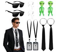 WDKXCN Accesorios de disfraz para hombre en negro, 10 accesorios de disfraz de espía, kit de cosplay de guardia de seguridad con gafas de sol, corbata, tarjetero, tubo para auriculares y alienígenas