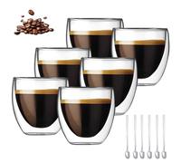 WDKXCN Vasos Doble Pared, Set de 6 Piezas Taza Doble Pared Cristal con 6 Cucharas, 80ml Vasos Cafe, Coffee Cup Resistente al Calor, Taza Cristal para Leche, Macchiato, Capuchino, Cerveza, Leche, Té