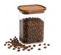 WDMT Tarro de cristal - Recipiente rectangular con tapa de madera - Tarro de almacenamiento para azúcar, café, té, nueces y dulces - Transparente/Marrón (900 ml)