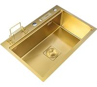 WDSOPK Fregadero De Cocina De Acero Inoxidable Cepillado Dorado-Fregadero De Bar De Un Solo Seno con Escurridor Y Kit De Montaje para Cocina Y Baño.(A-75X46X22Cm)