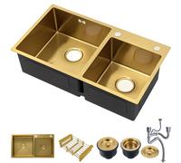 WDSOPK Fregadero de cocina dorado de 75 x 40 cm, doble cuenco de acero inoxidable, nanorecubierto, fregadero de bar con tapón dorado y colador de drenaje, se puede instalar o desmontar (dorado, 75 x
