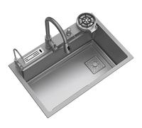 WDSOPK Fregadero De Cocina Multiusos Color Gris Plomo con Grifo Extraíble Y Lavavasos-Ultra Silencioso, Duradero, Fácil De Limpiar, Montaje Superior/Inferior, 31,4 X 19,6(Gris Armab-75X46X20Cm)