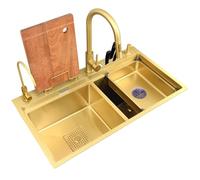 WDSOPK Fregadero De Cocina Nanométrico Hecho A Mano con Grifo Extraíble Y Accesorios-Fregadero Doble De Acero Inoxidable 304, Acabado Dorado, Tamaño 13.7"/12.7"(Oro A-78X46Cm)