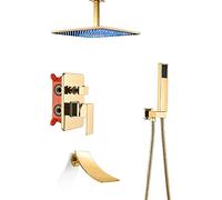 WDSOPK LED Shower Concealed Gold Shower Faucet with Waterfall Tub Spout Shower Combo Set with Handheld Sprayer and Square Rain Shower Head Tub and Shower Trim Kit,Type A,16 Inches (Type a 16 Inches)