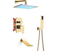 WDSOPK LED Shower Concealed Gold Shower Faucet with Waterfall Tub Spout Shower Combo Set with Handheld Sprayer and Square Rain Shower Head Tub and Shower Trim Kit,Type A,16 Inches (Type B 12 Inches)
