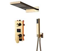 WDSOPK Shower System Set Black Luxury Shower Mixer Kit Digital Display Wall Mounted Rain Waterfall Shower Faucet Rotate Handshower Shower Column Panel Waterfall Shower for Bathroom (Golden)