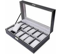 WDSOPK Watch Box For Men Large Watch Display Case Organizer Tray Jewelry Display Storage Glass Top Black PU Leather(E)
