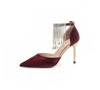 WDUDSUDUW Tacones cerrados y puntiagudos para mujer, con correa al tobillo, de satén, para novia, boda, graduación, fiesta, rojo vino, 38.5 EU
