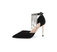 WDUDSUDUW Tacones cerrados y puntiagudos para mujer, con correa al tobillo, de satén, para novia, boda, graduación, fiesta, Black, 38.5 EU