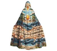 WDXQHY Capa de lana tejida en una playa con capucha de Halloween, estampado completo, capa de poliéster para fiestas de cosplay, bailes de máscaras, cómics, tela ligera y cómoda que no pica con cierre