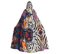 WDXQHY Una colorida capa con capucha de tigre para Halloween, con estampado completo, capa de poliéster para fiestas de cosplay, bailes de máscaras, cómics, tela ligera y cómoda que no pica con cierre
