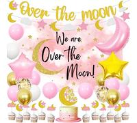 We Are Over The Moon - Kit de guirnalda de globos de oro rosa para baby shower, telón de fondo de estrellas de luna, espacio exterior, suministros de fiesta de celebración de embarazo