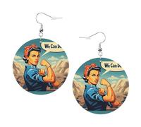 We Can Do It - Pendientes redondos de piel de PVC impresos de doble cara con ganchos chapados en plata 925, talla única, plata de ley, piedra dorada, One Size, Plata de ley, vidrio aventurina